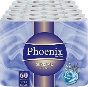 60 Phoenix Soft Supreme Luxury Toilet Rolls Bulk Buy - Quilted White 3 Ply Toilet Paper - Pack of 60 Toilet Tissue (12 x 5 Packs)