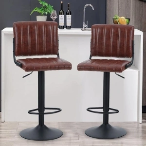 ALPHA HOME Bar Stools Set of 2 PU Leather Bar Chairs with Back Adjustable Kitchen Height Stools Pub Bistro Bar Counter Height Stools Modern Square Seat Chairs 360Swivel Stools 300lbs Capacity Brown