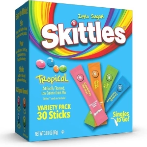 Skittles Singles To Go Tropical Variety Pack, Watertok Powdered Drink Mix, Includes 4 Flavors, Strawberry Starfruit, Mango Tangelo, Kiwi Lime, Pineapple Passionfruit, 1 Box (30 Single Servings)