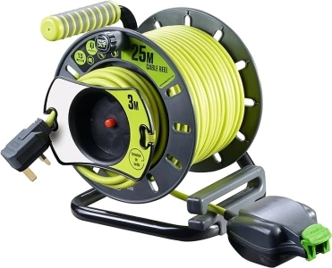 Masterplug OMU2513FL3IP-PX Pro-XT Reverse Open Cable Reel with Single In-Line Weatherproof Socket, 25 Metres with 3 Metres Reverse High Visibility Cable, Green