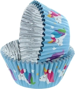 Baked With Love Unicorn Foil Lined Baking Cases, Cupcake Cases, Baking Cups - Blue, 50mm Diameter Base x 37mm Height, Pack of 25