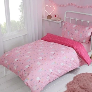 Sleepdown Kids Childrens Playful Cute Kittens Cats Butterflies Blush Pink Hearts Reversible Soft Easy Care Duvet Cover Quilt Bedding Set with Pillowcase-Single (135cm x 200cm), Polyester