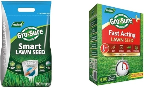 Gro-Sure Aqua Gel Coated Smart Grass Lawn Seed, 80 m2, 3.2 kg, Blue,Green & 20500187 Fast Acting Grass Lawn Seed, 30 m2, 900 g