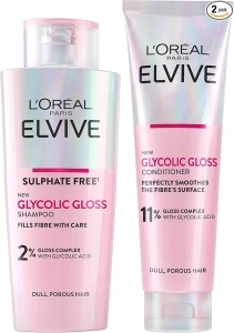 L'Oréal Paris Elvive Glycolic Gloss Shampoo and Conditioner Set for Dull Porous Hair, Get The Shiniest Hair of Your Life, Glossing Routine for Mirror-Like Shine