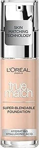 L'Oreal Paris True Match Liquid Foundation, Skincare Infused with Hyaluronic Acid, SPF 16, Available in 40 Shades, 0.5C Porcelain Rose, 30 ml