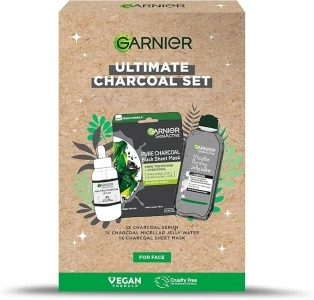 Garnier's Ultimate Charcoal Gift Set for Face, with Serum, Face Mask and Micellar Purifying Jelly Water to Reduce Imperfections, Approved by Cruelty Free International, Vegan