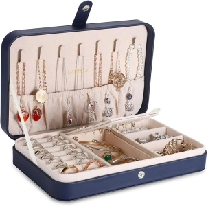 LANDICI Jewellery Box Small Jewellery Organiser for Women Girls, PU Leather Travel Jewellery Storage Case, Portable Jewellery Holder for Ring Earrings Necklace Bracelet,Jewellery Gift Box,Navy blue