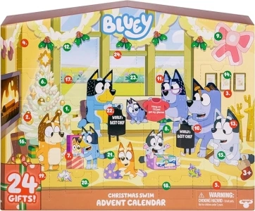 Bluey's Christmas Swim Advent Calendar, This Very Festive Bluey Surprise Pack Has 24 Surprises Behind 24 Different Windows, Includes 3 Christmas Swim Figures, 18 Accessories and 3 Stickers to Reveal