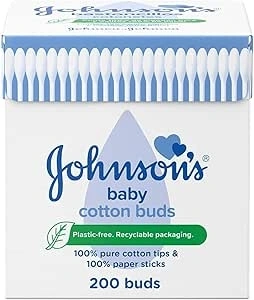 Johnson's Baby Cotton Buds (1 x Pack of 200) Soft & Gentle Ear Cotton Buds for Delicate Skin, Made of 100% Pure Cotton and Paper Sticks, Plastic-Free Cotton Buds to Clean Delicate Areas, around Eyes and Outer Ear