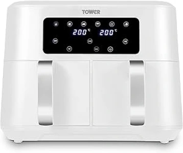 Tower T17137WHT Vortx 8.5L Dual Basket Air Fryer with Dual Cook Function, 2400W, White & Chrome