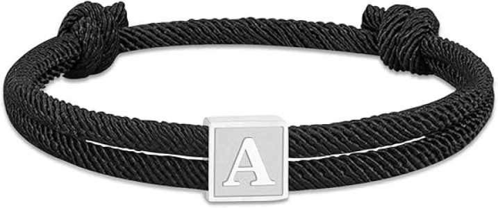 Esmoly Men's Bracelets Paracord Bracelets Black Rope Bracelet Surfer Bracelet with Silver Letter A-Z Handmade Braided Personalised Adjustable Gifts for Men Boys