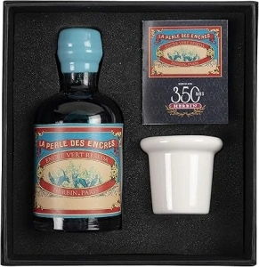 Jacques Herbin - Ref 27938T - 100ml Bottle of 'Special 350 Years' Ink with Inkwell Box & Porcelain Inkwell - Vert Réséda / Green Reseda - Green-Coloured Ink