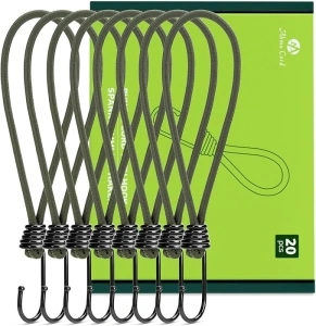 Abma Cord Bungee Cords with Hooks 23cm 20Pcs Small Bungee Ropes with Hooks Elastic Bungee Loops for Tarpaulin, Tent, Camping, Banners, Fixing - Army Green