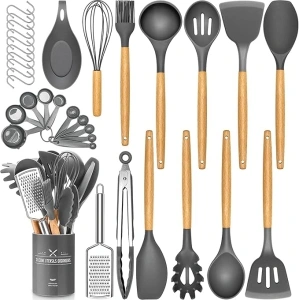 34 PCS Silicone Kitchen Cooking Utensils Set, Heat-Resistant Utensil Set with Premium Stainless Handles for Cooking and Baking, Non-Stick Spatula Kitchen Gadgets Cookware Set (Grey)