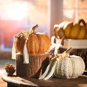 Valery Madelyn Autumn Decorations Pumpkins Ornaments Set of 2, Fall Pumpkin with Jute Rope, Harvest Decor for the Home Living Room Window Garden Outdoor, 13cm