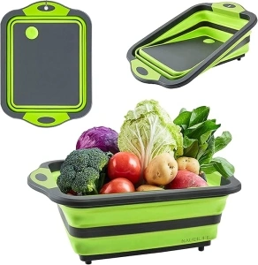 NAUDILIFE Collapsible Cutting Board,Multifunction Collapsible Chopping Boards Camping, Portable Folding Chopping Boards with Non-Slip Storage Basket for Fruit Vegetable Picnic BBQ Green