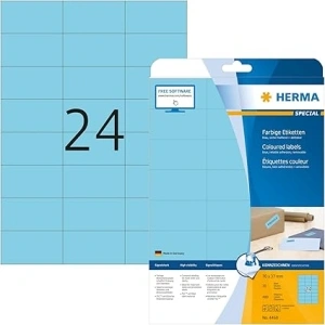 HERMA Self Adhesive Coloured Labels, 24 Labels per A4 Sheet, 20 Sheets, 70 x 37 mm, 480 Labels, Blank Removable Colour Labels Stickers, Sticky Labels for Laser & Inkjet Printer, Blue