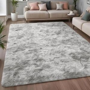 Aspire Homeware Rugs Living Room 120 x 170 - Tie-Dye Light Grey Area Rugs for Bedroom Anti Slip - Modern Super Soft Plush Carpets for Lounge – Fluffy Shaggy Bedside Large Rug for Kids Room