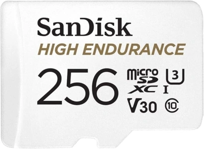 SanDisk 256GB High Endurance microSDXC card for IP cams & dash cams + SD adapter up to 20,000 Hours Full HD / 4K videos up to 100 MB/s UHS-I Class 10 U3 V30