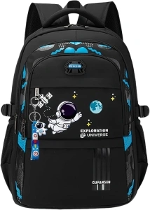 Space Kids Backpack for Boys, Multi-Pocket Boys School Bags Backpacks with Astronaut Pendant, Black