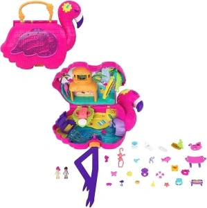 Polly Pocket Flamingo Party Large Compact, 26 Surprises (Including Margot & Friend Dolls), Pop & Swap Feature, 4 & Up