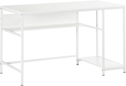 HOMCOM Computer Desk with Storage, 120 x 60cm Home Office Desk with 2 Shelves and Steel Frame, Writing Table for Living Room, Study, White