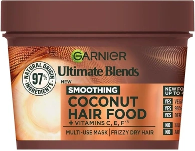 Garnier Hair Food 3-in-1 Hair Treatment Mask, Smooths and Nourishes, For Frizzy & Curly Hair, No Silicones, Vegan Formula, Coconut Oil, Ultimate Blends, 400ml (Packing and Ingredients may vary)