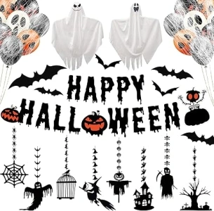 Halloween Decorations Set - Halloween Party Balloons Kit with Orange/Black Balloons,Hanging Ghosts,3D Bats,Halloween Banner and Halloween Hanging Decoration,Indoor Halloween Decor Pack for Home,Office