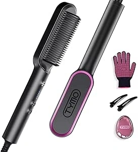 TYMO Hair Straightener Brush UK, Flat Iron and Hair Brush 2-in-1, Anti-Scald, Fast Heating, 5 Temp Settings (130℃-210℃), Professional Salon at Home, Wider Comb for Even Straightening, TYMO Ring