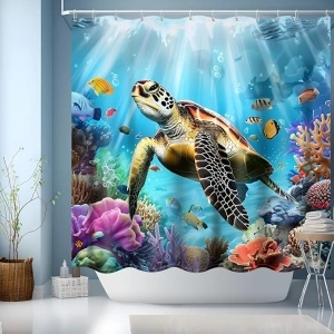 JINGYOU Shower Curtain - Heavy Duty Polyester Fabric Waterproof Shower Curtain Liner,3D Nature Ocean Bathroom Curtains,Turtle Shower Curtain with Hooks (180x180cm)