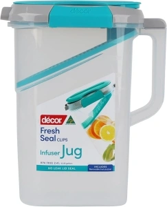 Décor Fresh Seal Clips Large Water Jug with Removable Fruit Infuser | BPA-Free & Leakproof | Fridge Door Jug | 2.4L Capacity