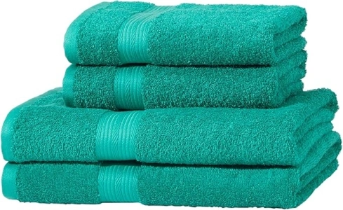 Amazon Basics 4 Piece Fade resistant bath towel set for bathroom, 100% Cotton soft and absorbent, 2 Bath + 2 Hand Towels, Teal