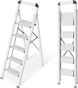 KINGRACK Step Ladder, 5 Steps, Folding Step Ladder with Handrail, Non-Slip Household Ladder with Folding Safety, Aluminium Step Stool, Maximum Load 150 kg