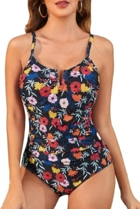 Women's One Piece Tummy Control Swimwear Vintage Swimming Costumes V-Wired &Floral Swimsuit Soft Elastic Bathing Suits Padded Monokinis With Adjustable Shoulder Strap For Beach,Sunbathing,Pool