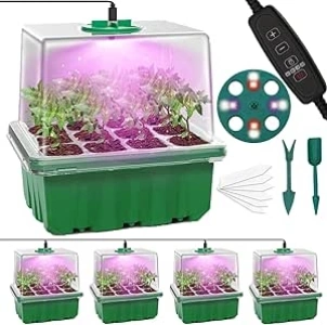 MQFORU Seed Trays with Grow Light, 5 Pack 60 Cells Growing Trays Propagator Growing Thicken Seedling Starter Adjustable Brightness & Humidity,2 Meters Timing Controller for Greenhouse Grow Plant Seed