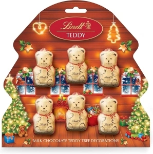 Lindt Milk Chocolate Teddy Christmas Tree Decorations | Contains 6 Teddies, 60 g | Stocking Filler for Him and Her