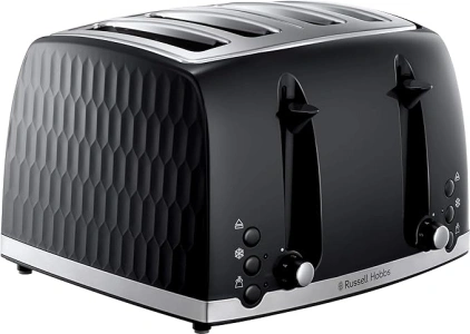 Russell Hobbs Honeycomb 4 Slice Toaster (Independent & Extra wide slots with high lift, 6 Browning levels, Frozen/Cancel/Reheat function, Removable crumb tray, 1500W, Black textured high gloss) 26071