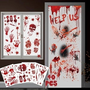 Halloween Decorations Window Stickers, 40 Pcs Bloody Handprint Footprints Stickers,Zombie Posters Reusable Halloween Decorations Indoor, Halloween Decor for Window Walls Door