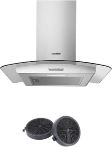 COMFEE' Canopy Cooker Hood 60 cm GLAV17SS-60 with LED Light & Glass Chimney Hoods, 600mm Kitchen Extractor Fan Stainless Steel with Recirculating Carbon Charcoal Filter