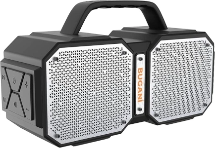 BUGANI Bluetooth Speaker, 60W Wireless Portable Speaker, Bluetooth 5.3 Stereo Pairing, IPX6 Waterproof, Rich Bass, 24H Playtime, Power Bank, EQ/AUX/TF Card/USB-C, Suitable for Home, Party, Outdoor