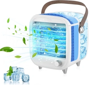 Portable Air Cooler, 4 IN 1 Mini Air Conditioner, Compact Evaporative Cooler Air Humidifier with LED Light, Mini Ac Desktop Cooling Fan for Office Makeup Table Bedroom