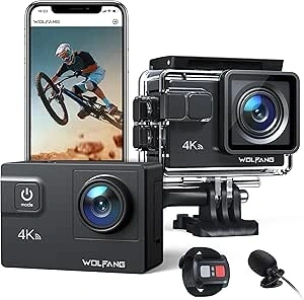 WOLFANG Action Camera 4K 60FPS 24MP GA300, WiFi 8X Zoom EIS Vlogging Camera, 40M Waterproof Underwater Camera for Snorkeling, External Mic, Remote Control and Helmet Accessories Kit for Cycling