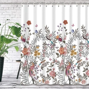 Falflor Natural Bird Floral Bathroom Curtains with 12 hooks Mould Proof Bathroom Curtains Quick-Drying Weighted Curtain for Bathroom Wet Room Tub