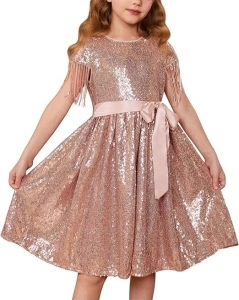 GRACE KARIN Girls Sequin Dress A-Line Princess Dress Prom Party Formal Fringe Sleeve Dresses with Hairbow for 5-14 Y