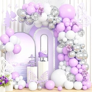 Purple Balloons Arch, 115Pcs Pastel Macaron Purple White Silver Confetti Balloon Garland Girl Women Baby Bridal Shower Engagement Anniversary Graduation Wedding Valentine Birthday Decora