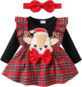 Toddler Kids Baby Girl Christmas Dress Off Shoulder Long Sleeve Fur Trim Dress with Headband Santa Claus Fall Winter Outfits