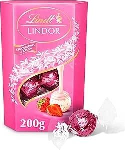 Lindt Lindor Strawberries & Cream Chocolate Truffles Box - Approx 16 balls, 200g - Chocolate Truffles with a Smooth Melting Filling - Gift Present - Birthday, Celebrations, Congratulations, Thank you