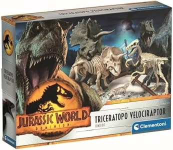 Clementoni 19289 Science&Play Jurassic World-Dino 2 in 1 Triceratop + Velociraptor-Science Kids 6 Years, Kit Toy, Realistic Dinosaur, Excavate and Assemble Fossils, Multicolour, 7 x 35 x 26