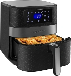 LLIVEKIT 5.5 L Air Fryer Family Size Hot Large Air Fryer Low Fat and Oil-Less Cooking, Digital Touchscreen, Removable Basket, Timer & Temperature Control, 7 Presets with Cookbook, Black