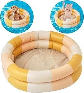 Vintage Stripes Kids Paddling Pool, Inflatable Baby Swimming Pool, 2 Ring with Inflatable Safety, with Inflatable Safety Bubble Bottom, for Indoor Outdoor Girls Boys Garden Backyard (Yellow)